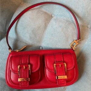 Michael Kors Zoe Small Red Shoulder Leather Bag Pochette with Gold Accents